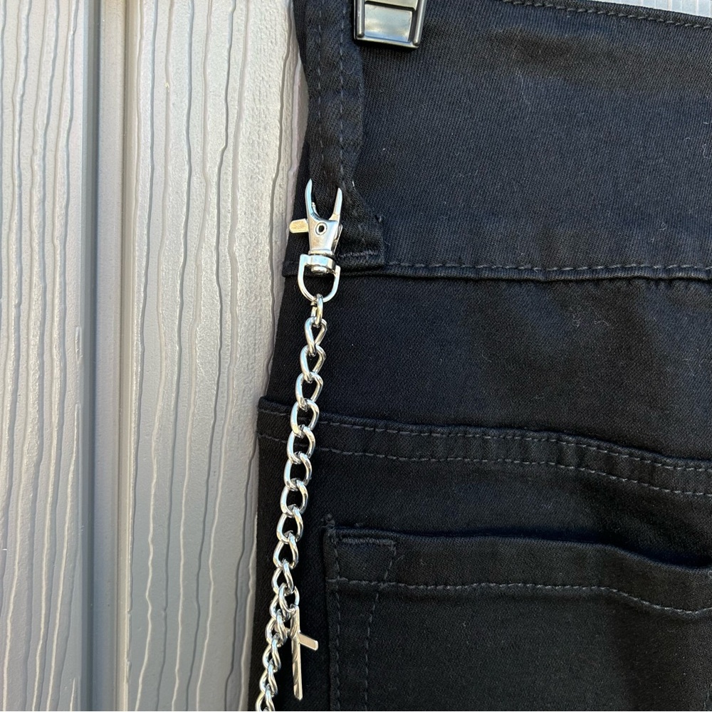 Hot Topic Black Cross Patch Side Chain Flare Pants Sz 3 Low Rise Gothic Stretch - Picture 8 of 16